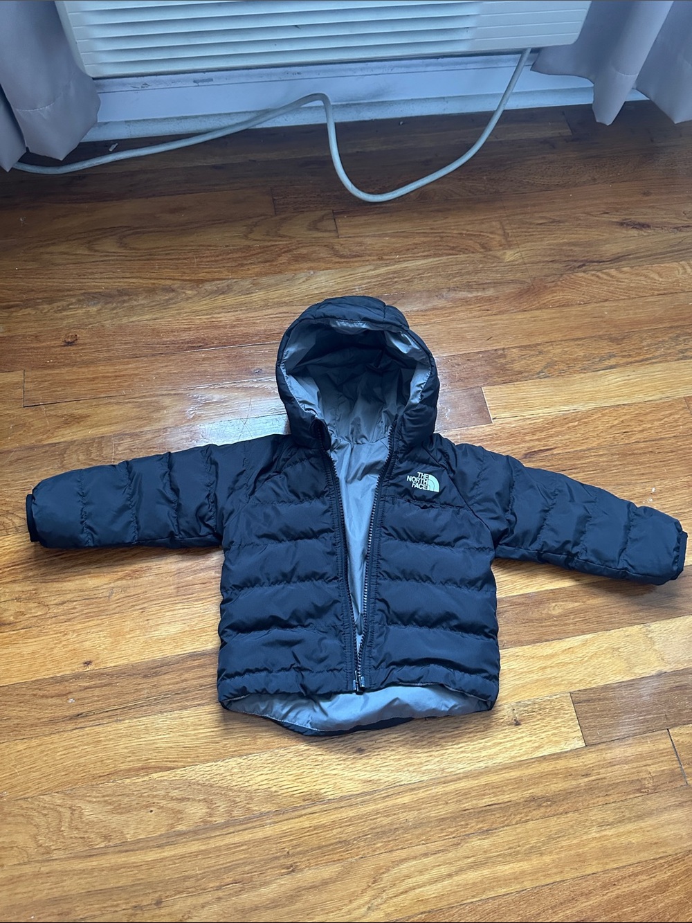 The North Face Kids Black/ Gray Reversible Hooded Puffer Jacket